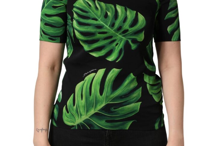 Black Philodendron Print Silk Blouse Top