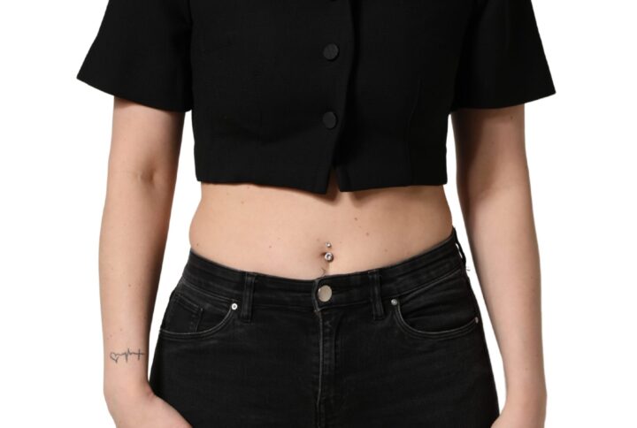 Black Collared Short Sleeves Cropped Blouse Top