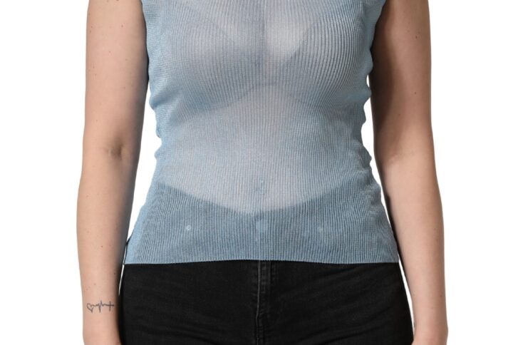 Blue Semi Sheer Ribbed Sleeveless Tank Top