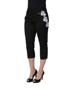 Black Lace Applique Pinstripe Cropped Pants