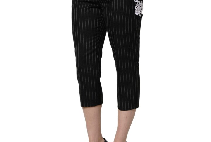 Black Lace Applique Pinstripe Cropped Pants | Jag Couture London – New York