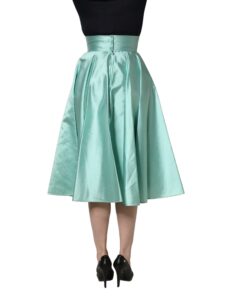 Green Satin High-Waisted Pleated A-line Midi Skirt