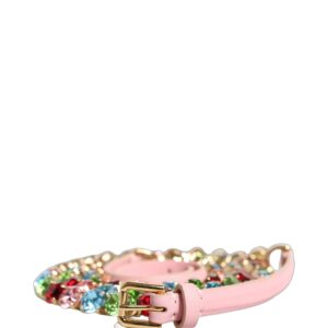 Pink Leather Crystal Chain Embellished Belt