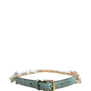 Green Leather Daisy Crystal Embellished Waist Belt
