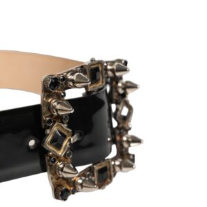Black Leather Crystal Metal Buckle Belt