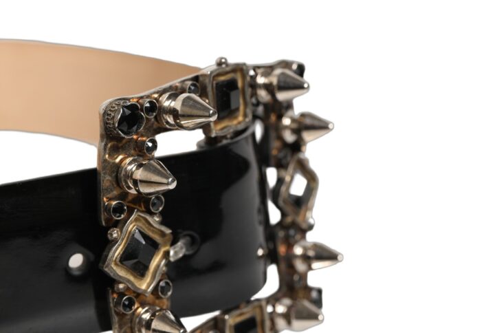 Black Leather Crystal Metal Buckle Belt | Jag Couture London – New York