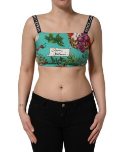 Turquoise Vegetable Print Silk Crop Tank Top