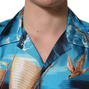 Blue Silk Twill Hawaiian GraphicPrint Shirt