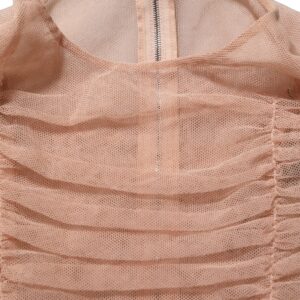 Beige Cotton Mesh Ruched Sheath Midi Dress