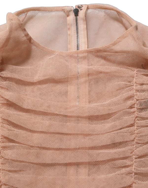 Beige Cotton Mesh Ruched Sheath Midi Dress