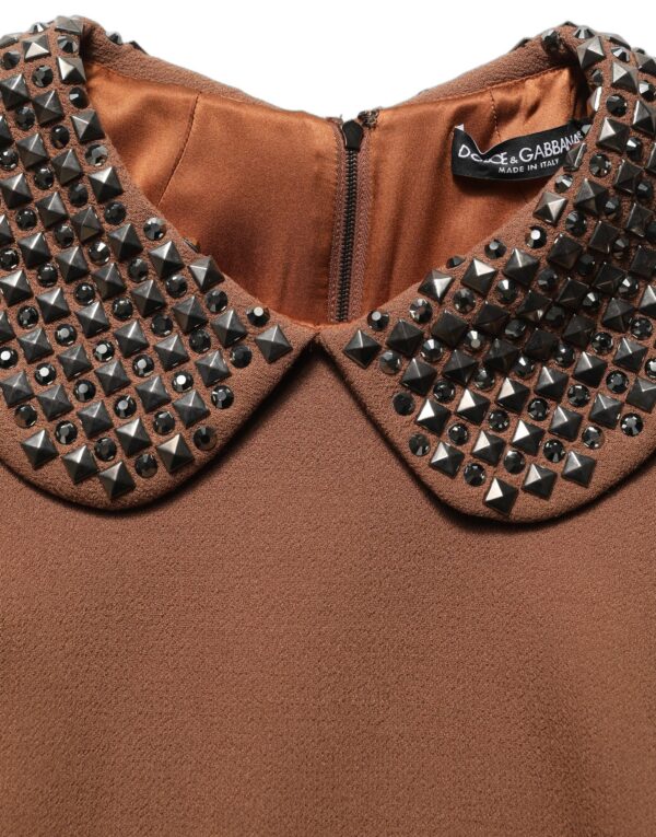 Brown Wool Rhinestone Embellished Midi Dress