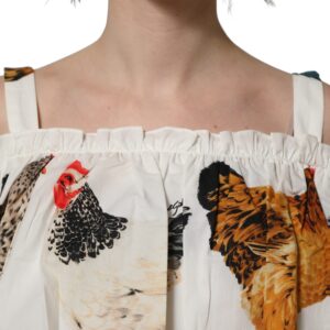 White Rooster Print Poplin Off The Shoulder Top