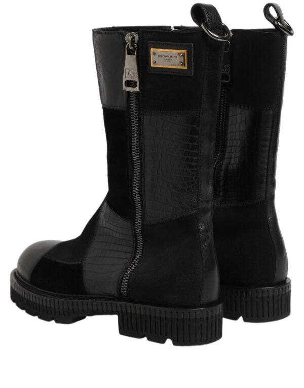 Black Patchwork Leather Mid Calf Boots Shoes