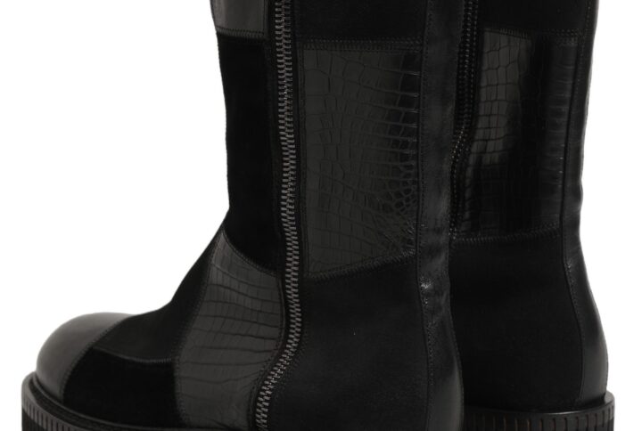 Black Patchwork Leather Mid Calf Boots Shoes | Jag Couture London – New York