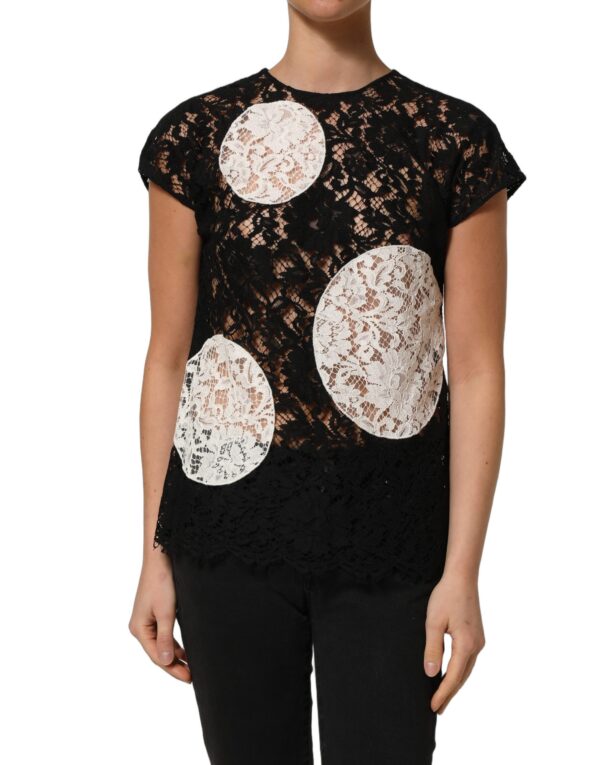 Black White Floral Lace Short Sleeve Blouse Top
