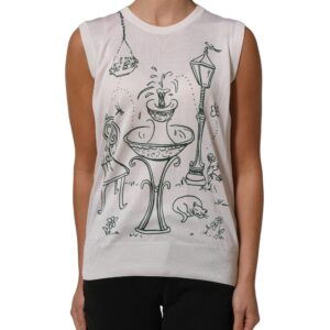 White Silk Knit Garden Fountain Print Tank Top