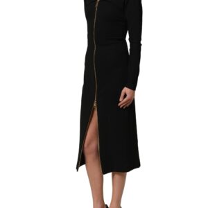 Black Long Sleeves Front Zipper Midi Dress