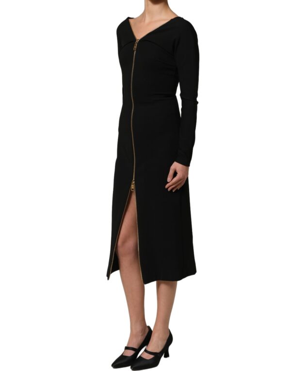 Black Long Sleeves Front Zipper Midi Dress