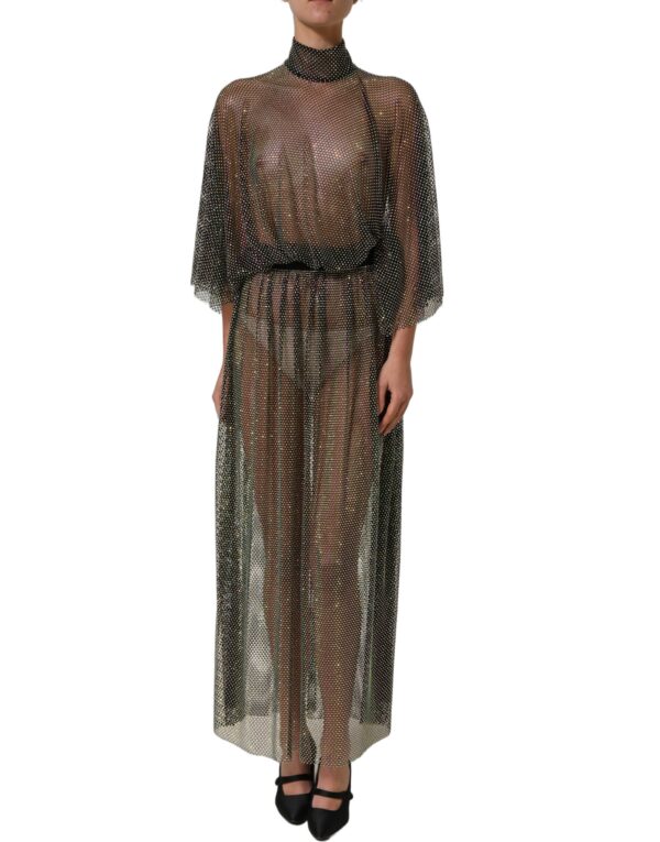 Black Rhinestone Mesh Turtleneck Maxi Dress