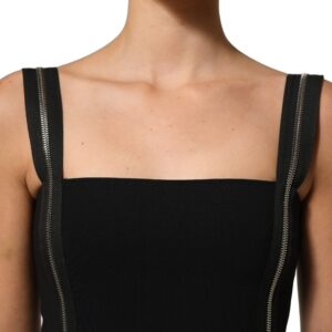 Black Sleeveless Front Zipper Midi Dress