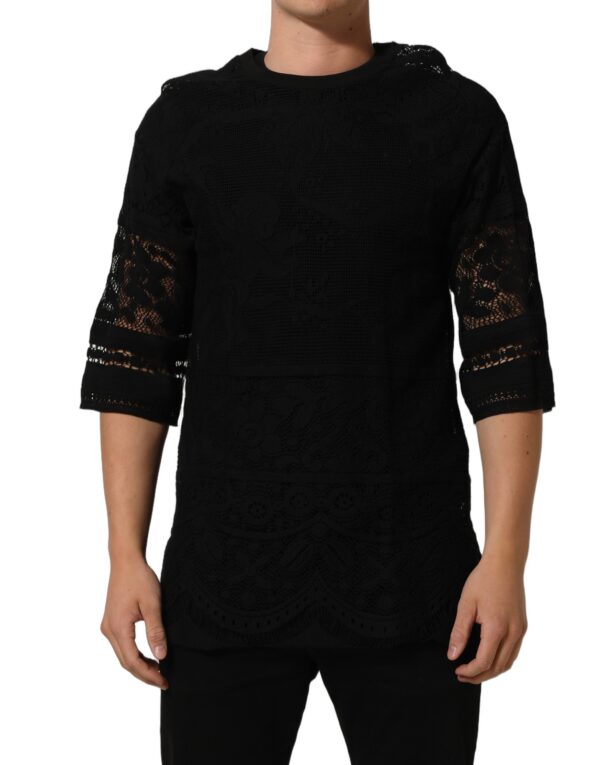 Black Cotton Floral Lace Crew Neck T-shirt