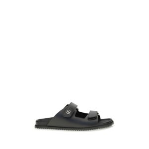 Black Calf Leather Bos Taurus Flat Sandals