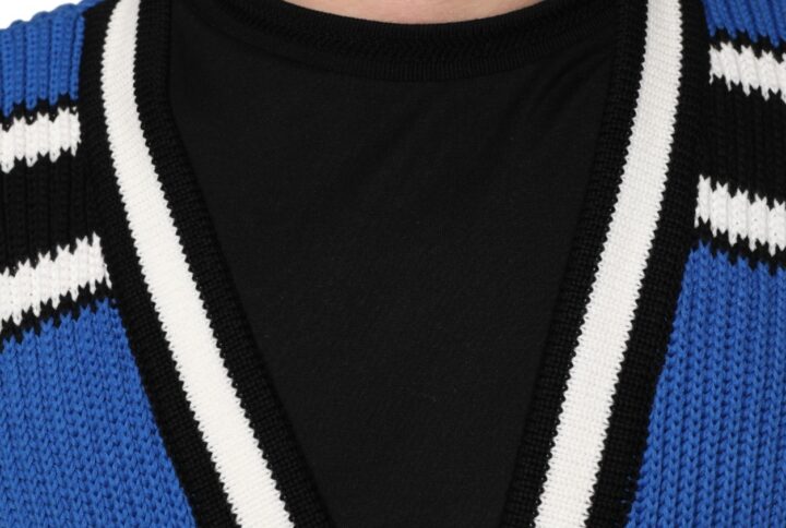 Blue Cotton Logo Patch Ribbed Knit Cardigan Sweater | Jag Couture London – New York