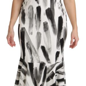 White Black Printed Sheath Midi Viscose Dress