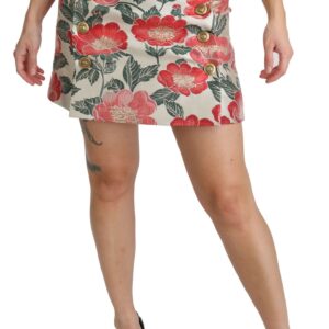 White Green Red Floral High Waist Mini Skirt