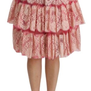 Pink Lace Layered High Waist Knee Length Skirt