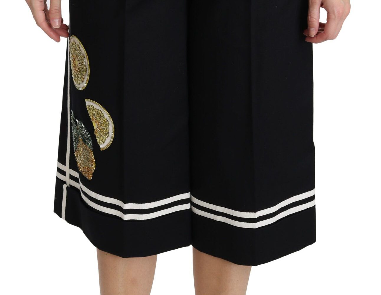 Black Lemon Embellished Palazzo Cropped Pants - Jag Couture London