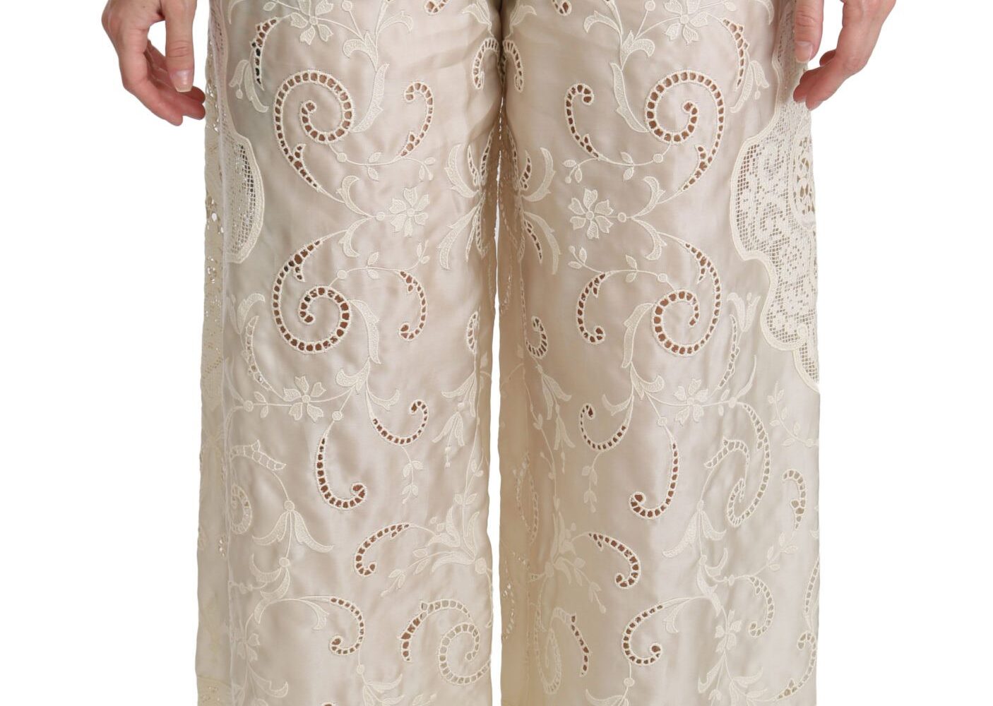 Cream Lace High Waist Palazzo Cropped Pants - Jag Couture London