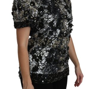 Black Sequined Crystal Embellished Top Blouse