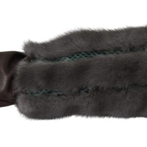 Brown Mid Arm Length Leather Fur Gloves