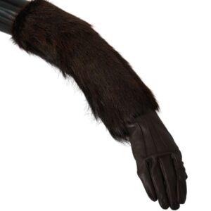 Brown Elbow Length Mittens Leather Fur Gloves