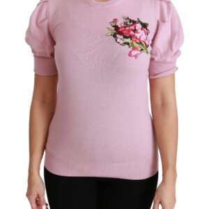 Pink Floral Embroidered Blouse Wool Top