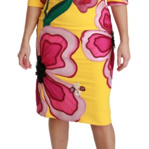 Yellow Floral Crystal Bodycon Sheath Dress