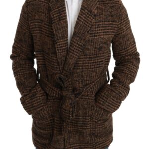 Brown Checkered Wool Robe Coat  Wrap Jacket