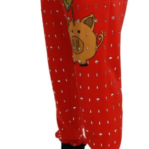 Red Piggy Bank Cotton Crystal Trousers Pants