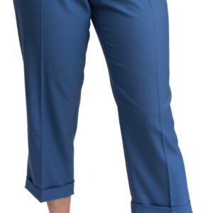 Blue Pleated Wool Cuffed Cropped Trouser Pants