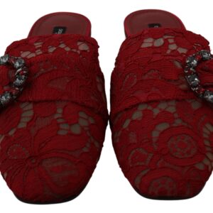 Red Lace Crystal Slide On Flats Shoes