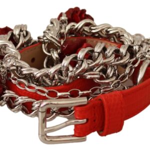 Red Leather Roses Floral Silver Waist Belt