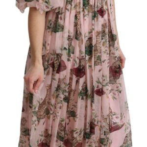 Pink Bengal Cat Print A-line Maxi Silk  Dress
