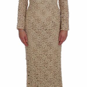 Beige Floral Lace Sheath Maxi Dress