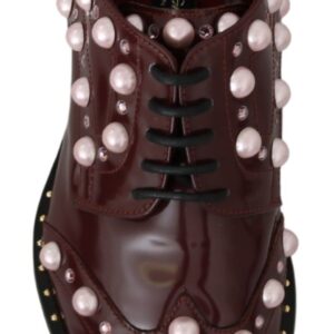 Bordeaux Leather Crystal Pearls Formal Shoes