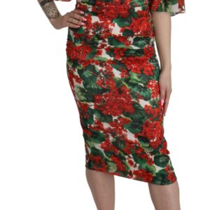 Red Floral Sheath Midi Silk Stretch Dress