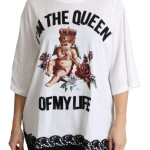 White Angel Print Cotton Round Neck Shirt Tops
