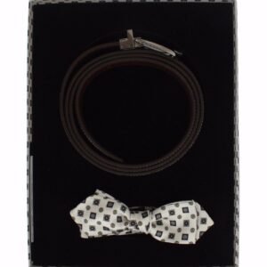 White Silk Bowtie Leather Men Belt Gift Box