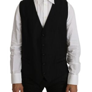Black Solid Wool Silk Vest