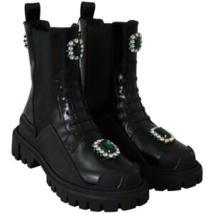 Black Leather Crystal Combat Boots